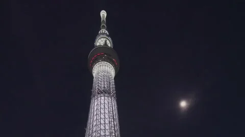 Worm's-eye view video of the Tokyo Skytree tower beside a full moon Stock Footage 154178212