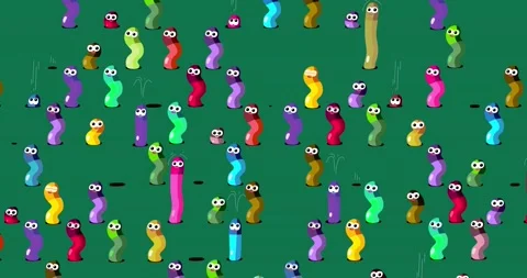 Worms peek-a-boo ! cartoon  characters wallpaper on dark background Stock Footage 238892132