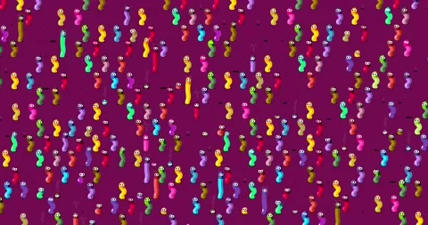 Worms peek-a-boo cartoon small characters wallpaper on purple background Stock Footage 238894803