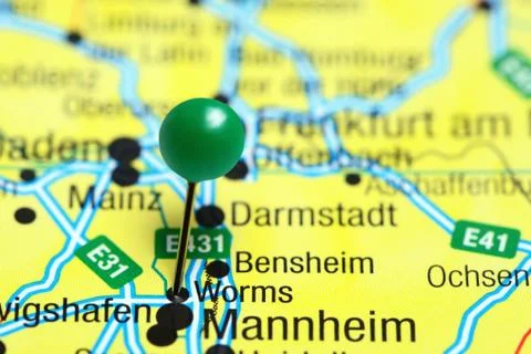 Worms pinned on a map of Germany Foto stock