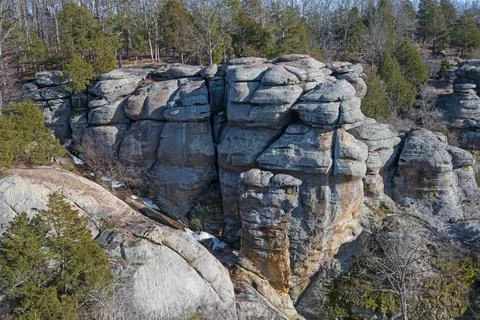 Worn and Eroded Sandstone Blocks on a Hillside 스톡 사진