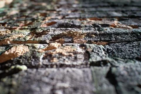 Worn brick wall with flaking and peeling paint from low perspective. Stock Photos