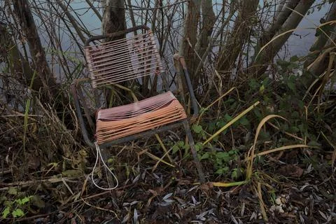 Worn chair under a tree Stock Photos