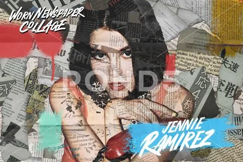 Worn newspaper collage photo template Modello PSD