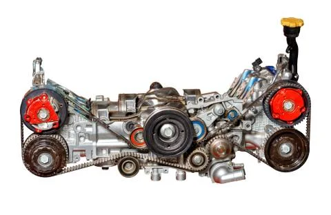 A worn out internal combustion engine of a modern car at the exhibition stand Stock Photos