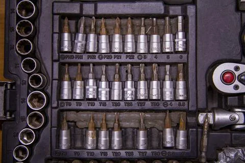 Worn-out tool set for car maintenance and repair Foto stock