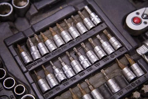 Worn-out tool set for car maintenance and repair Stock Photos