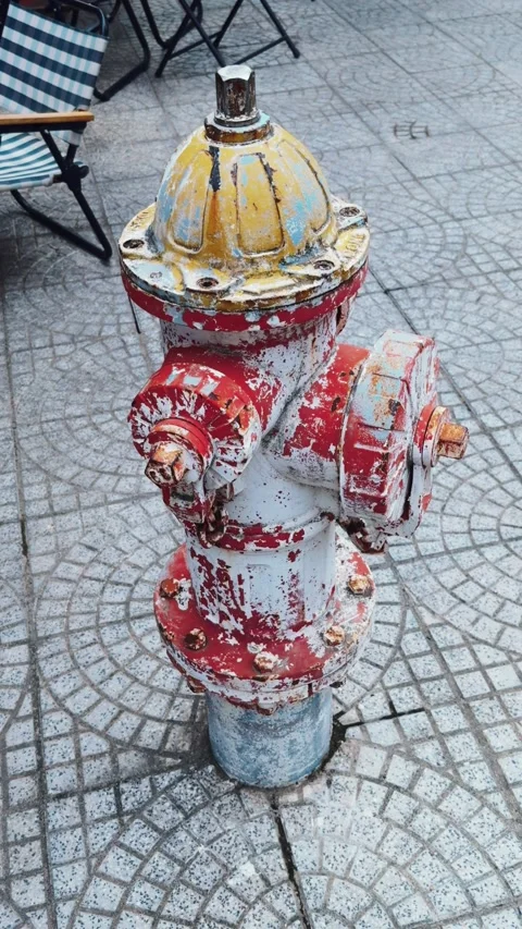 Worn red and yellow fire hydrant with peeling paint and rust standing on a gray Stock Footage 335639798