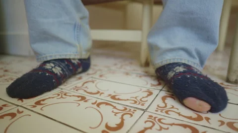 Worn Sock With Hole Reveals Toe as Foot Taps in Everyday Poverty Concept Vidéo 336716829
