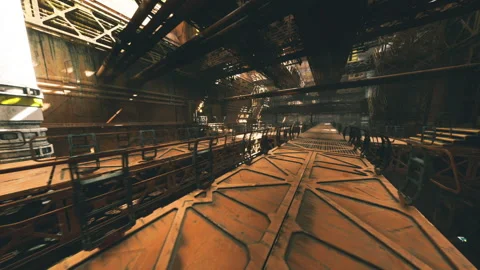 Worn transit passage featuring shadow patterns and metallic textures Stock Footage 335101647