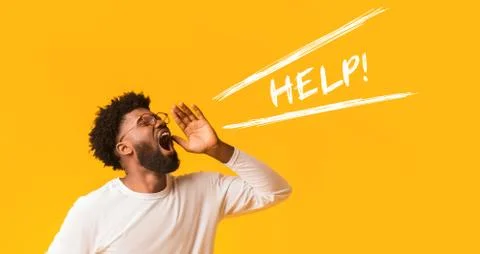 Worried afro guy shouting help over orange background Foto stock