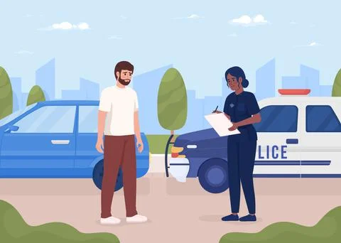 Worried bearded man pulled over by police officer flat color vector illustration Stockillustratie