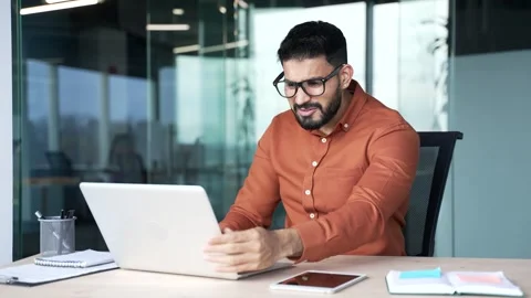 Worried disappointed businessman having problems with software or service  Stock Footage 305657909