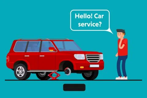 Worried driver calling roadside assistance to help with his breakdown car vector Stock Illustration