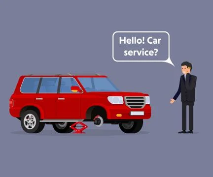 Worried driver calling roadside assistance to help with his breakdown car vector Stock Illustration
