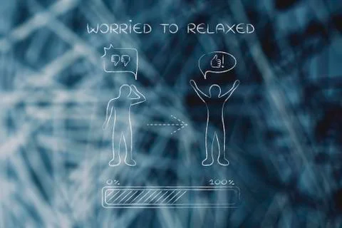 Worried to relaxed: changing attitude, progress bar &amp; comic bubble Stock Illustration