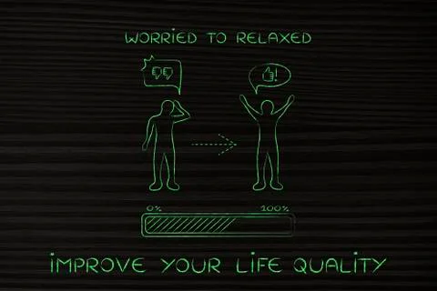 Worried to relaxed: changing attitude, progress bar &amp; comic bubble Stock Illustration