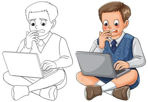 Worried Schoolboy Sitting With Laptop Computer Illustration Illustrazione stock
