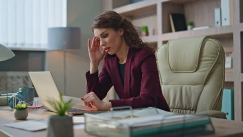 Worried worker typing computer solving business problem at company workplace. Video stock 276317271