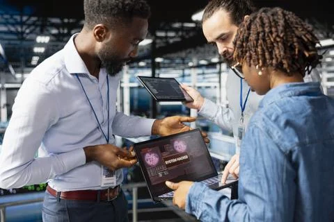 Worried workers trying to fix hacked infrastructure IT systems Stock Photos