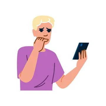 Worried young man biting fingernails while reading bad news on smartphone Stock Illustration