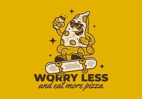 Worry less and eat more pizza. Retro illustration of pizza character jumpin.. Illustrazione stock