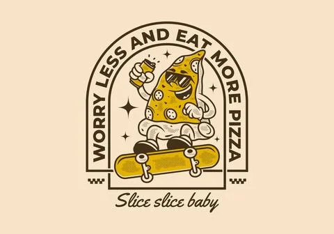 Worry less and eat more pizza. Retro illustration of pizza character jumpin.. Illustrazione stock