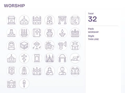 Worship Digital Vector Pack containing 32 Display Perfect Thin Line 128x128.. Stock Illustration