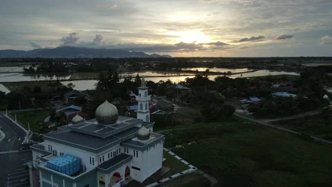 Worship place Mosque Paddy fields Clouds Permatang Bogak Kepala Batas Penang Stock Footage 230940586