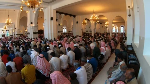 Worshipers join crowded Friday prayer in mosque Riyadh Saudi Arabia Stock Footage 125840879