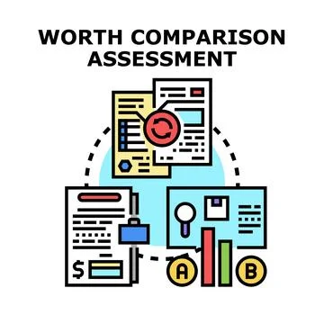 Worth comparison assessment evaluating value and financial analysis Stock Illustration