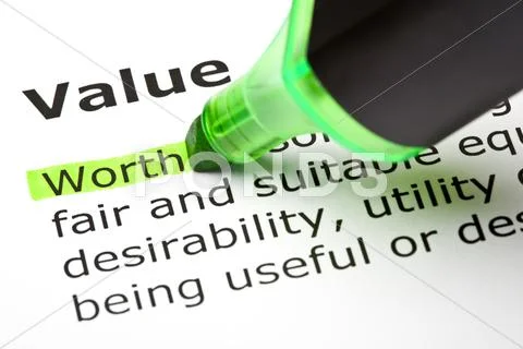 'worth' highlighted, under 'value' Stock Photos