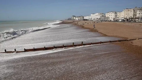 Worthing beach breaking waves view to west Stock Footage 93706203