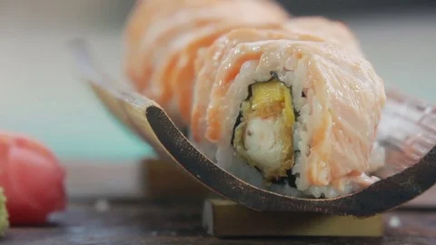 That would be tasty rolls. Selective focus on ready tasty sushi rolls 스톡 동영상 75904213