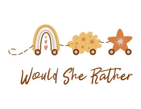 Would she rather Boho Baby Shower game card with train from rainbow cloud star Stock-Illustration