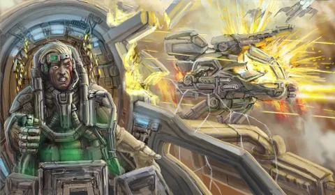 The wounded pilot in the broken cabin of the combat vehicle. Science fictio.. Stock Illustration