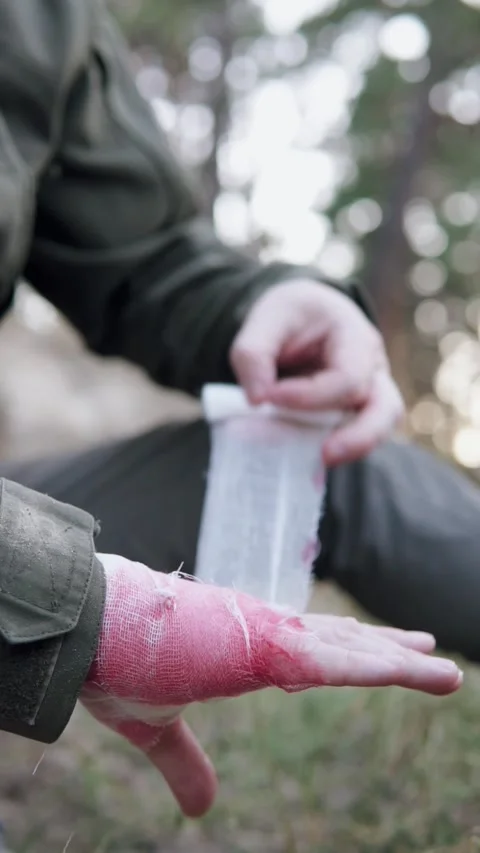A wounded soldier administers first aid to his injured arm during combat. Vídeos de archivo 327543726
