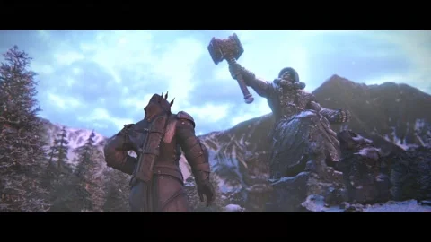 Wounded warrior walking to large stone statue on snowy mountain Stock Footage 266754853