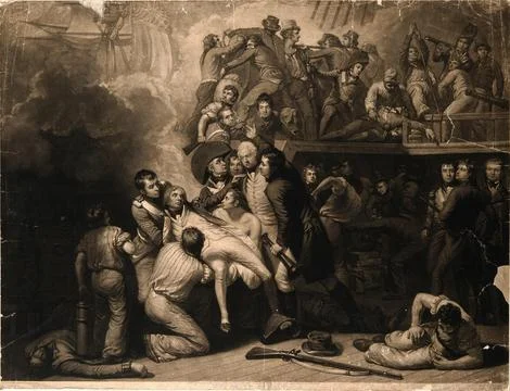 The wounding of Lord Nelson on the deck of HMS Victory at the battle of Tra.. Stock Illustration