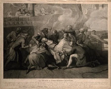 The wounding of Lord Robert Manners on the Resolution, at the battle of Dom.. Stock Illustration