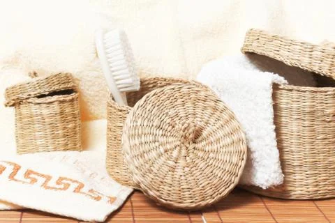 Woven baskets with bath accessories Stock Photos