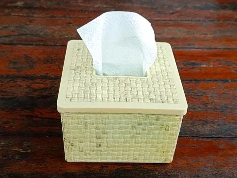 Woven pattern tissue box with a light cream color sits on a wooden table Stock Photos