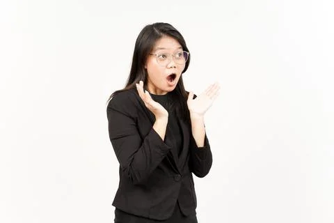 WOW and Shocked Face Expression Of Beautiful Asian Woman Wearing Black Blazer Stock Photos