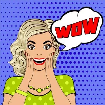 WOW bubble pop art surprised woman face. Stock Illustration