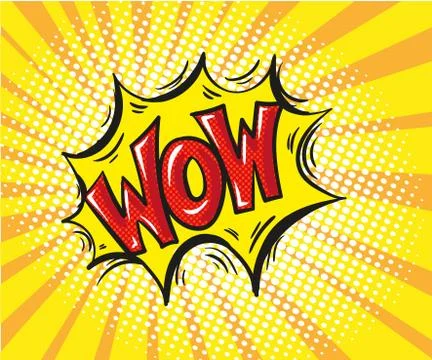 Wow - Comic book, cartoon expression on sunny rays halftone background Stock Illustration
