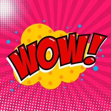 Wow! Comic style phrase on sunburst background. Design element f Stock Illustration