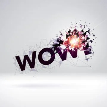 Wow exploding sign with particles for party or commercial sale offering Illustrazione stock