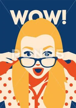 Wow face of surprised woman holding sunglasses in her hand. Stock Illustration