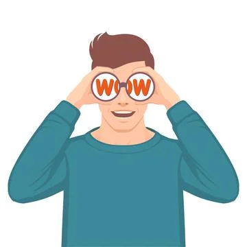 Wow, man looking through binoculars, vector carton person Stock Illustration