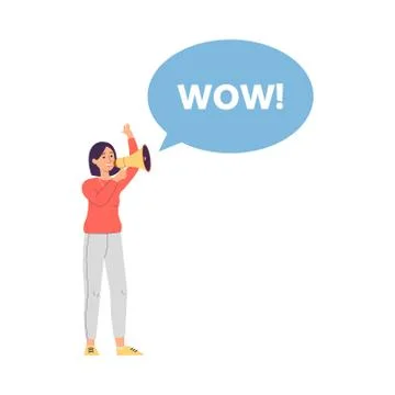 WOW message bubble and woman cartoon character flat vector illustration isolated Illustrazione stock